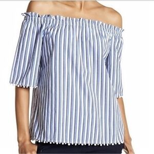 Trina Turk Off Shoulder Blue White Striped Pom Pom Blouse Top Size Small